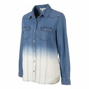 Life in Progress Womens Snap Front Ombre Long Sleeve Blue White Shirt Small